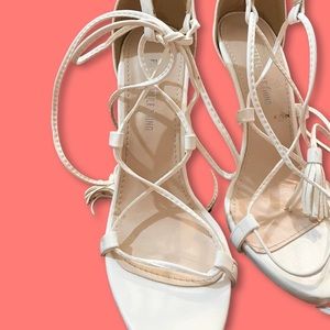 PLT Rosaline White Tassel Lace Up Heels